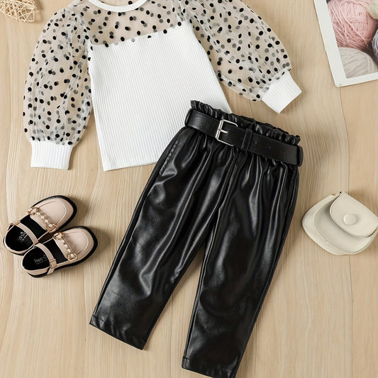 Girls Polka Dot Mesh Puff Sleeve Top & PU Leather Pant Set Spring Clothes