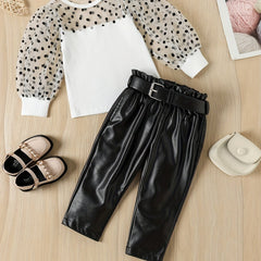 Girls Polka Dot Mesh Puff Sleeve Top & PU Leather Pant Set Spring Clothes