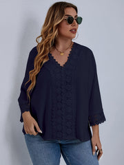  Casual Blouse Women's Plus Solid Contrast Lace Long Sleeve V Neck