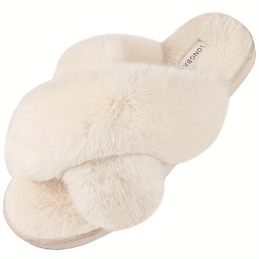 Women's Plush Cross Strap Slippers Open Toe Slip On Warm Winter Home Shoes
