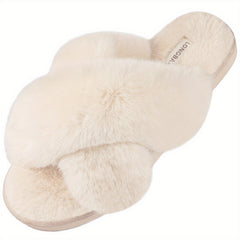 Women's Plush Cross Strap Slippers Open Toe Slip On Warm Winter Home Shoes