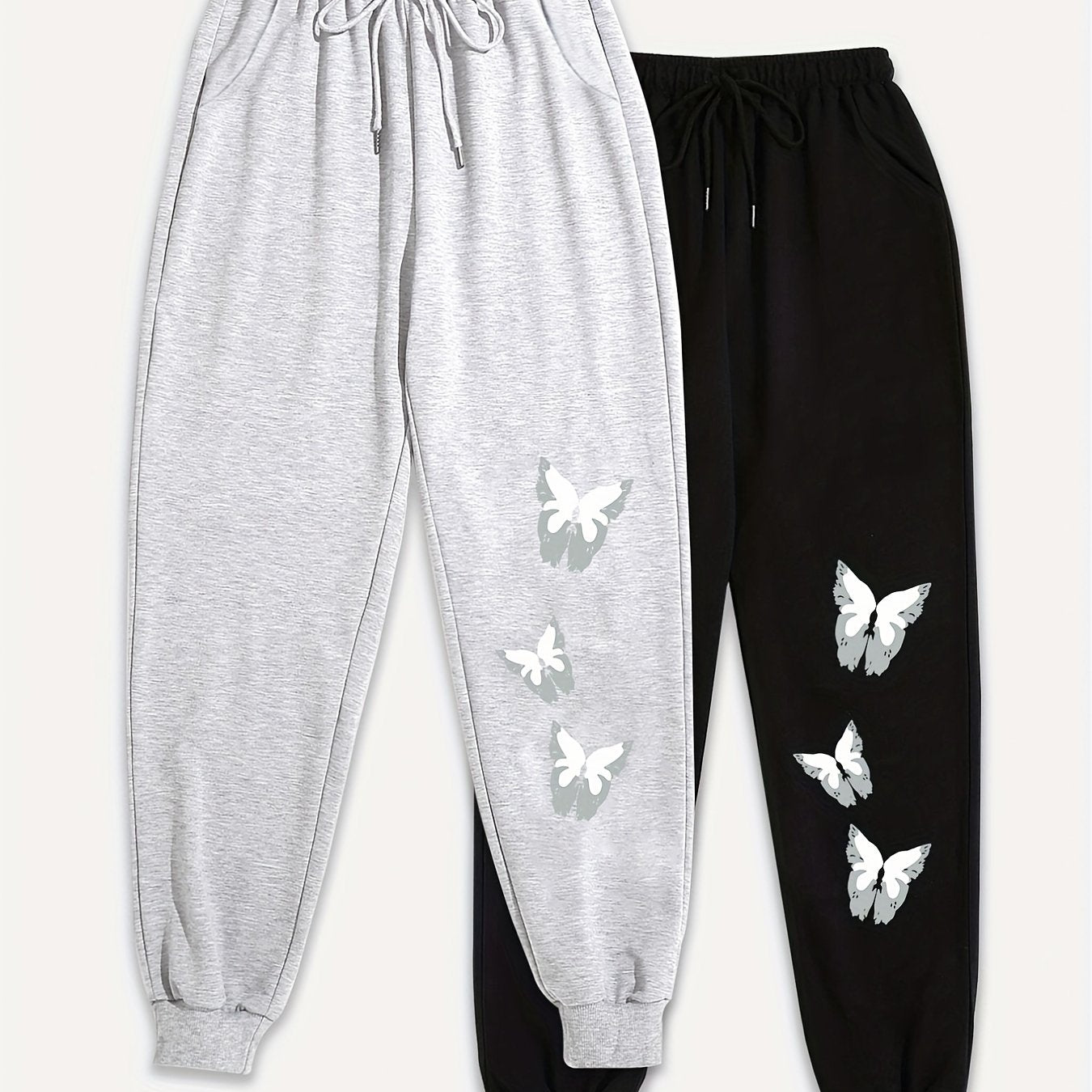 2 Pack Plus Size Butterfly Print Sports Pants Elastic Drawstring