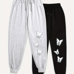 2 Pack Plus Size Butterfly Print Sports Pants Elastic Drawstring