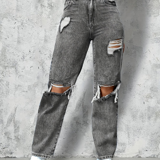 Dark Grey Ripped Straight Jeans High Rise Distressed Denim Pants