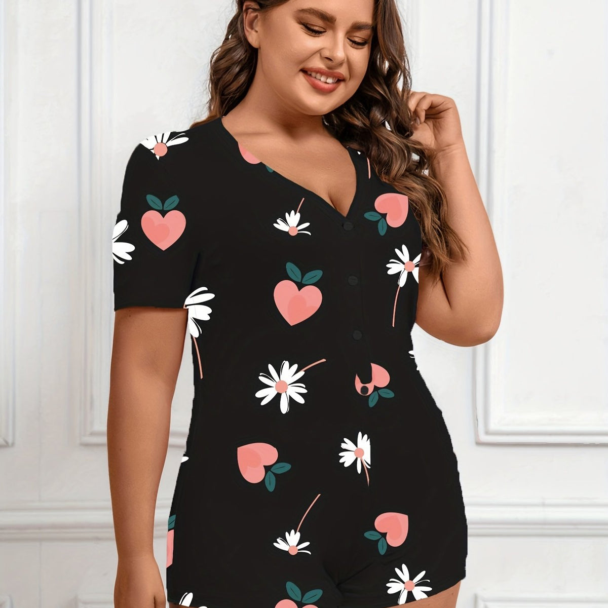  Daisy & Peach Print Button Up Romper