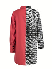  Colorblock Letter Print Button Up Blouse