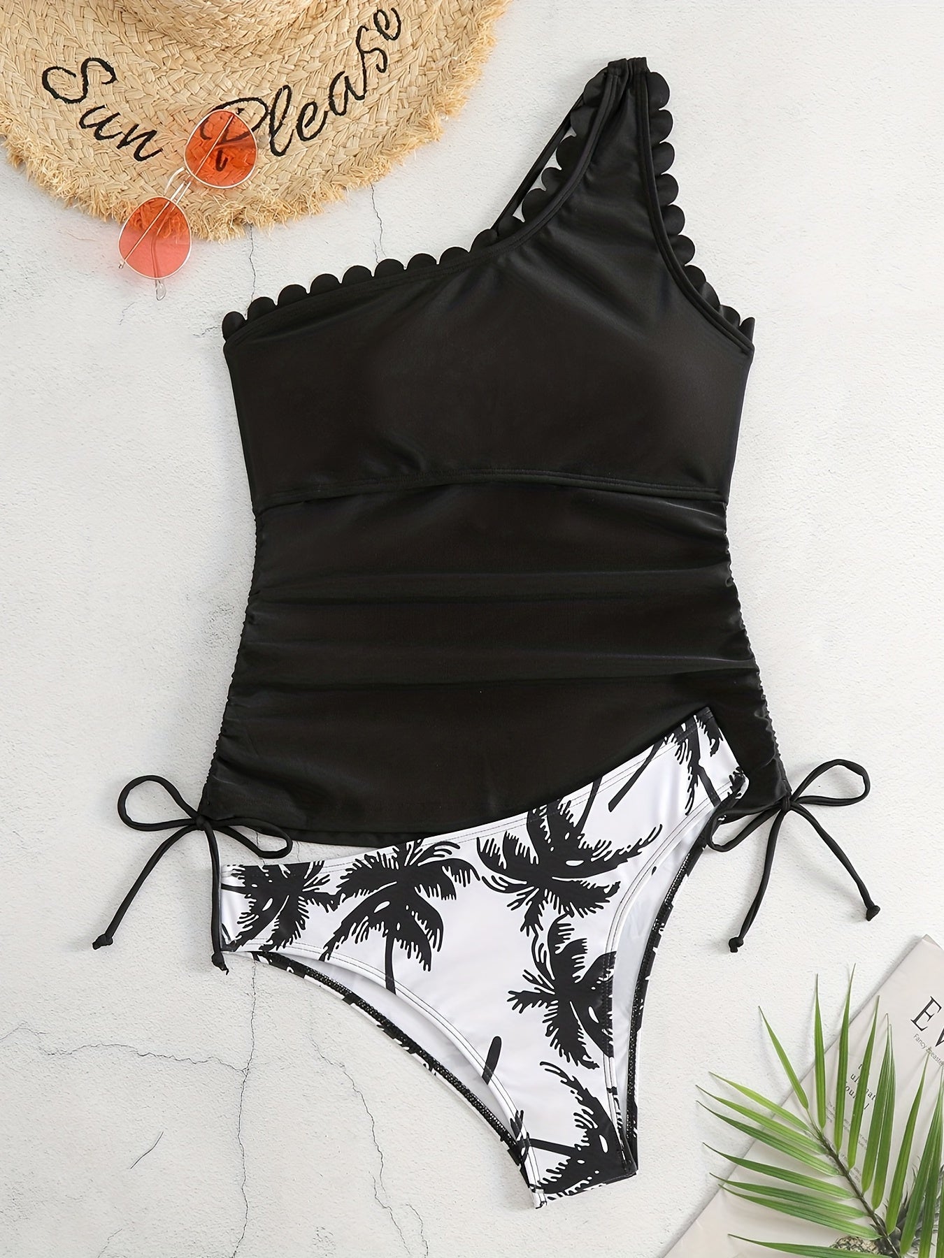 Coconut Tree One Shoulder Bikini Set Scallop Trim Two Piece Swimsuit