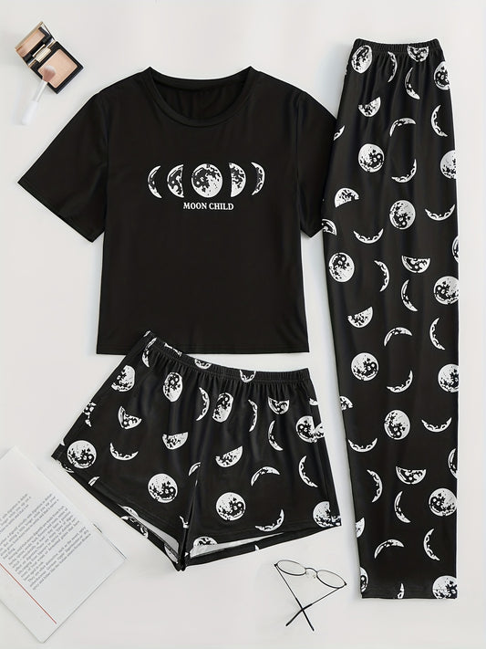  Moon Print Pajama Set Short Sleeve T-shirt & Shorts & Pants