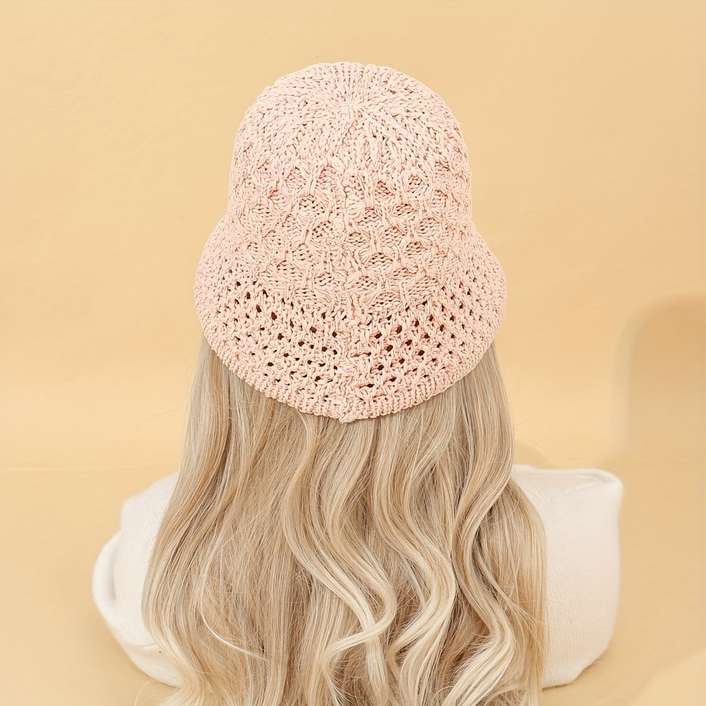 Hollow Crochet Bucket Hat Solid Breathable Sunscreen Cloche Hat