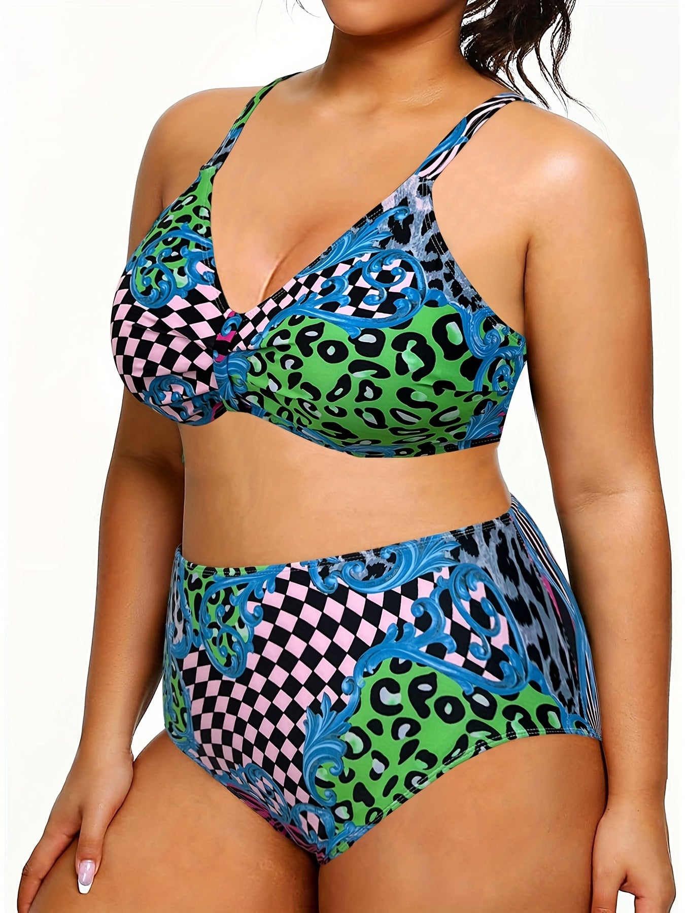  Leopard & Checkered Print V Neck Bikini Set