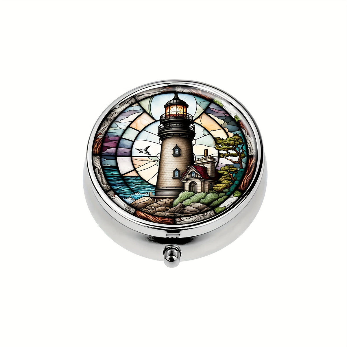 Lighthouse Round Pill Box 3 Compartment Mini Decorative Travel Pill Case