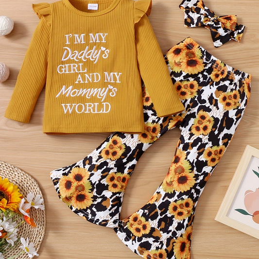 Girls Ruffle Shoulder Long Sleeve Top and Floral Print Flared Pants