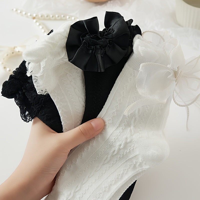 6 Pairs Lace Trim Textured Socks Women's Mid Tube Stockings