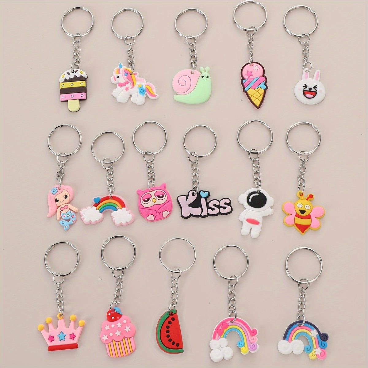 16pcs Cartoon Silicone Keychain Rings Unicorn Dinosaur Astronaut Party Favors