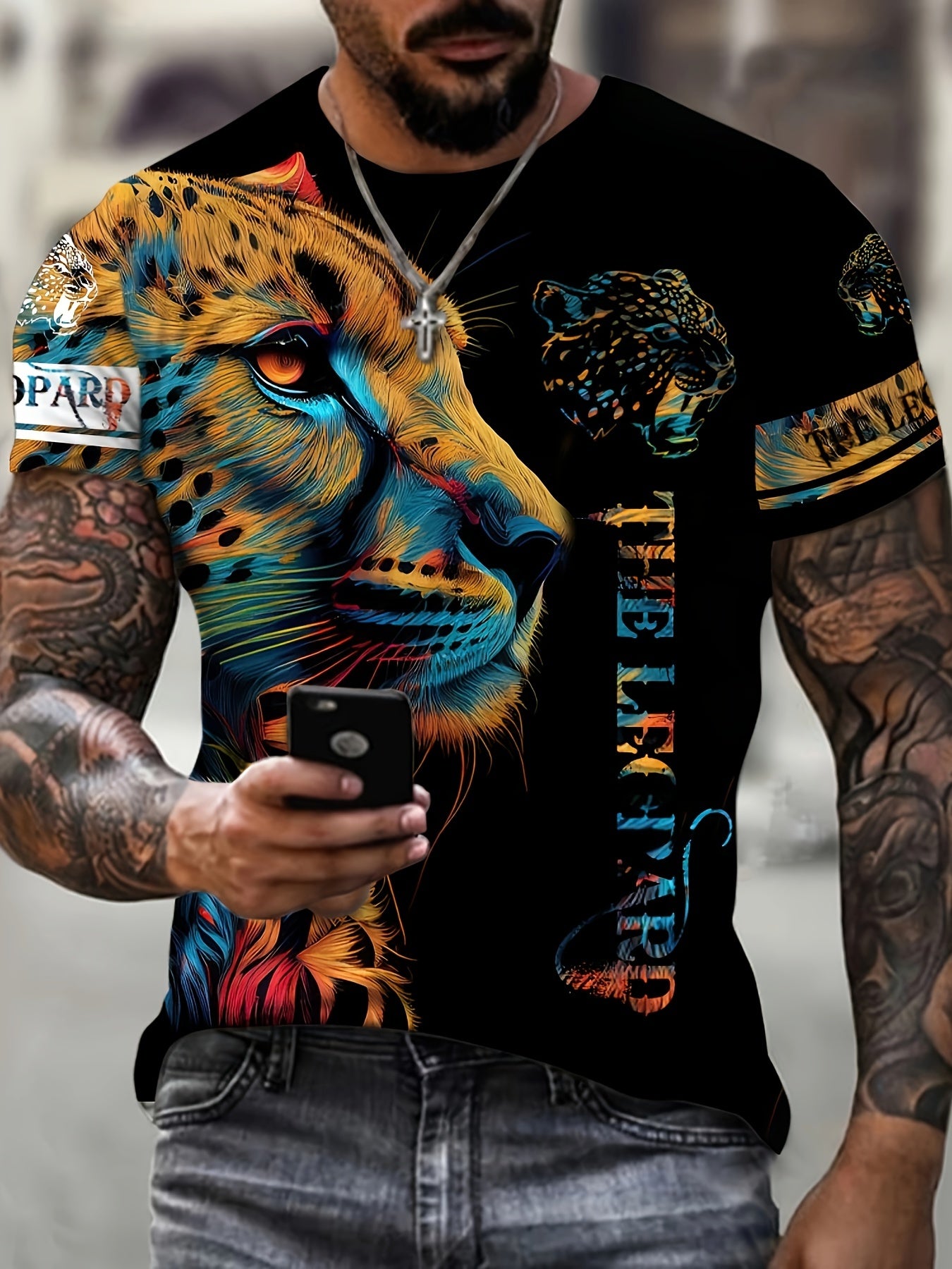 Leopard 3D Print Men's Graphic T-shirt Casual Comfy Tees Short Sleeve Tops