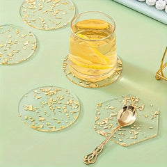 6 Pcs Golden Foil Acrylic Coaster Set Tea Cup Heat Resistant Pads