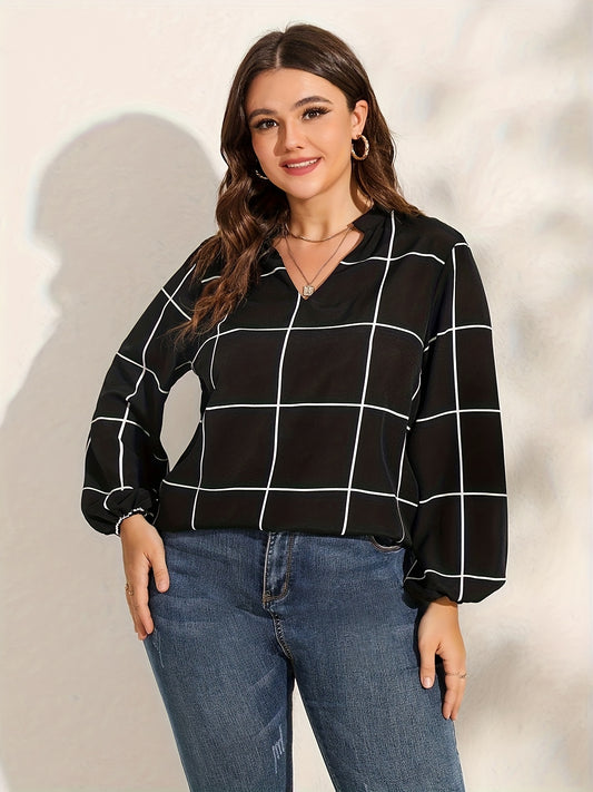  Casual Blouse Women's Plus Grid Print Notched Neck Tunic Top