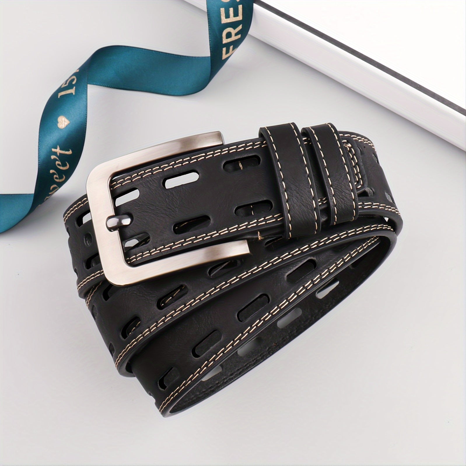 Men's Hollow Belt Pin Buckle PU Leather Belt For Pants Jeans