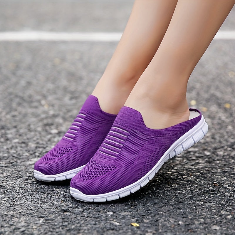 Women's Knit Flat Mules Comfy Solid Closed Toe Non Slip Slides Shoes