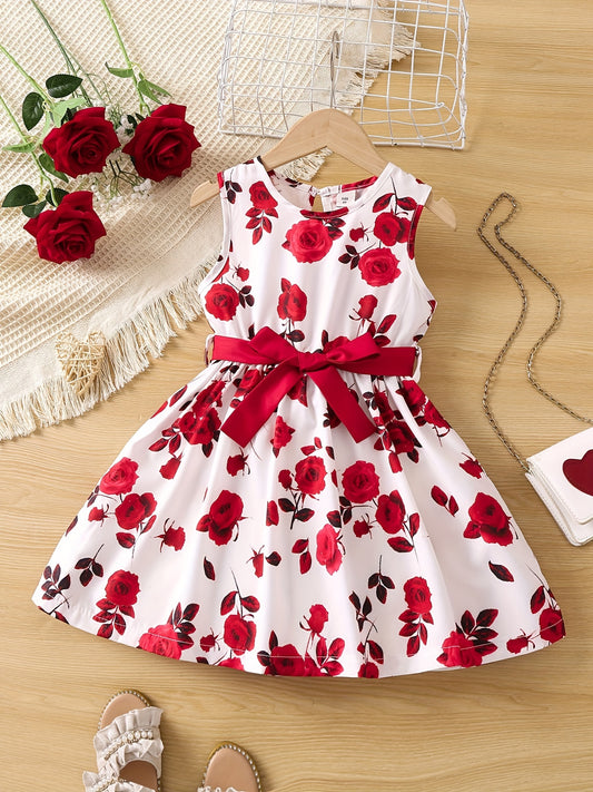 Sweet Rose Floral Tank Dress Girls Romantic Sleeveless A Line Casual Party Valen