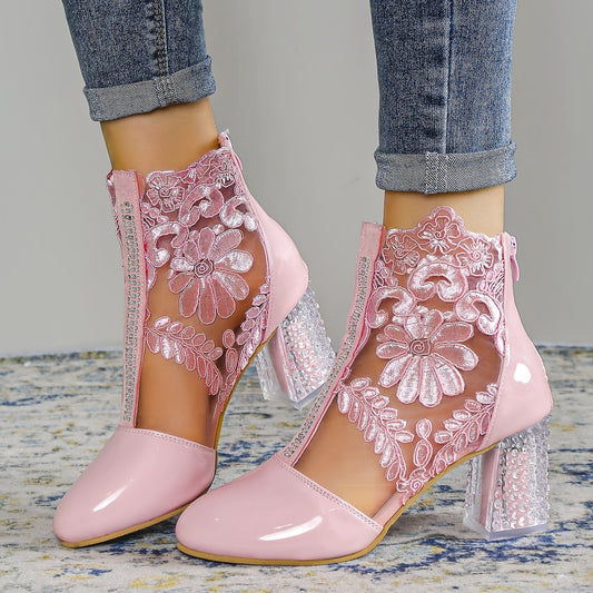 Pink Flower Lace Ankle Boots with Clear Heel