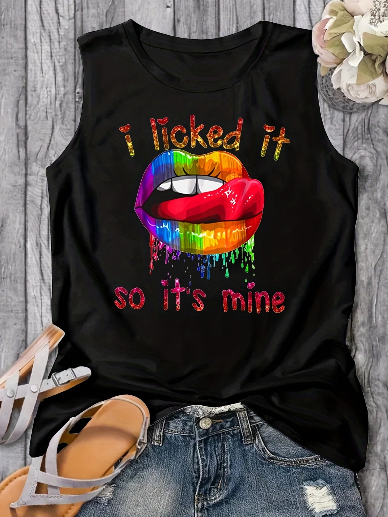 Colorful Lips & Letter Print Tank Top Women's Sleeveless Top