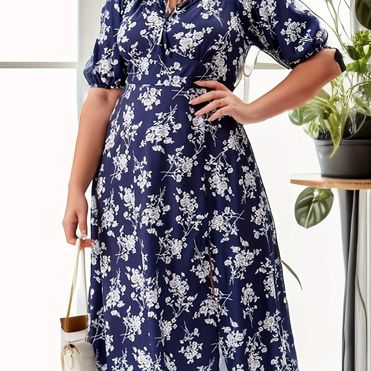  Floral Bubble Sleeve Square Neck Knot Midi Dress