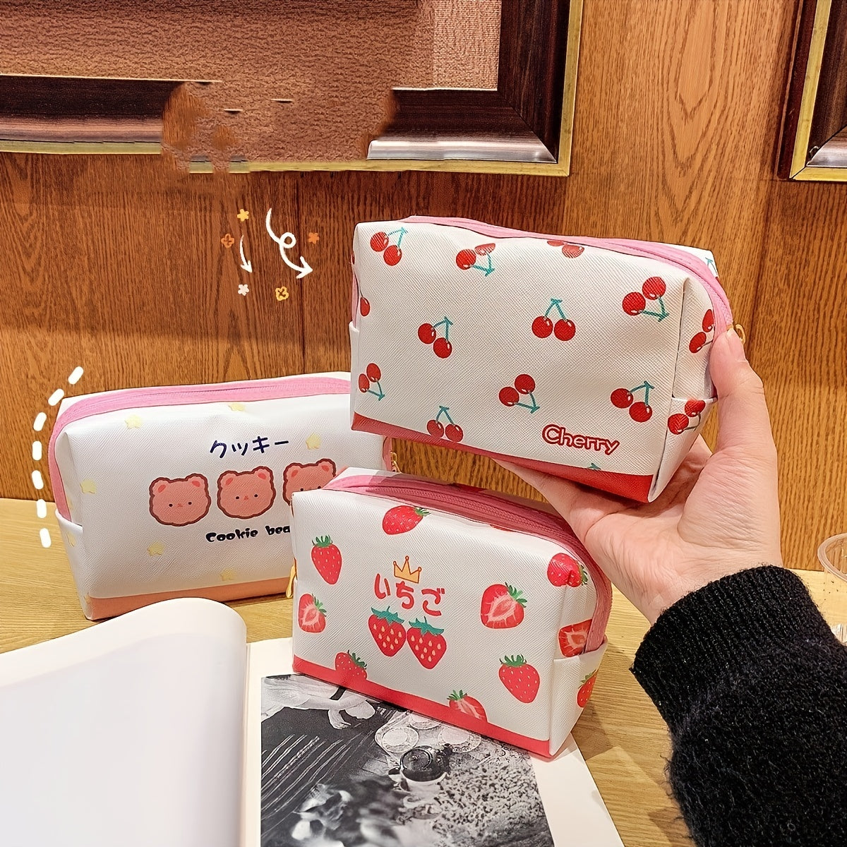 Cherry Print Square Makeup Bag Cartoon PU Toiletry Bag