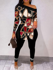 Chain Print 2pcs Set Long Sleeve Split T shirt & Solid High Waist Skinny Pants