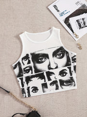 Y2K Human's Eyes Print Crop Tank Top