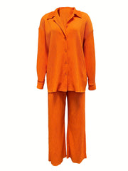 Casual Two piece Set Long Sleeve Shirt & Wide Leg Pants