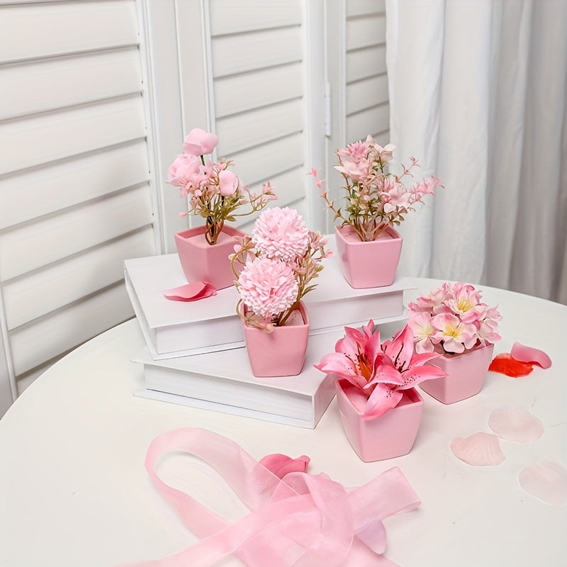 5pcs Artificial Flower Green Plant with Pink Flower Small Potted Plant