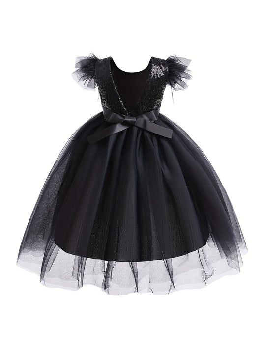 Girls Sleeveless Princess Dress Sequin Bow Belt Gothic Style