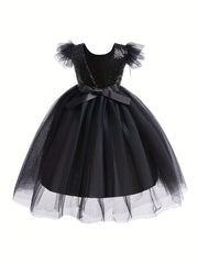Girls Sleeveless Princess Dress Sequin Bow Belt Gothic Style