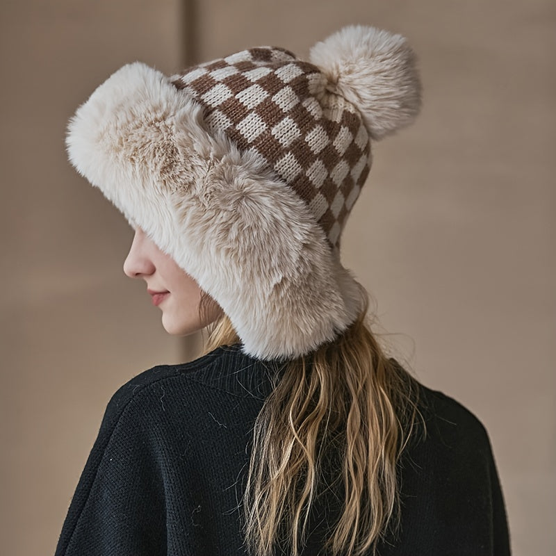 Fashionable Plaid Knit Plus Fur Ball Winter Hat