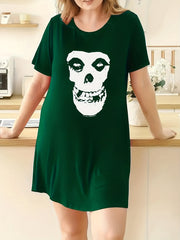  Skull Print Short Sleeve Round Neck Tee Sleep Dress