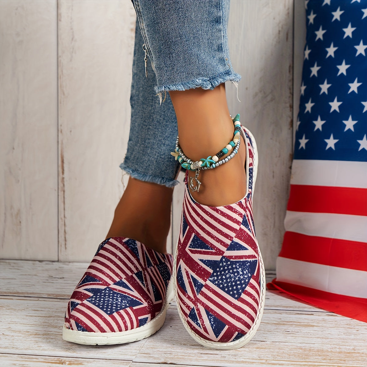 Women's Star & Striped Pattern Mule Sneakers Casual Slip On Canvas Shoes