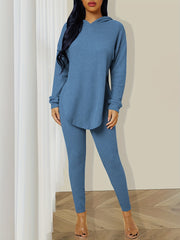 Solid Casual Two pieceSet Split Hooded Long Sleeve Tops & Slim Long Length Pants