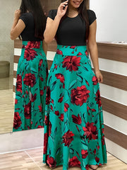 Splicing Crew Neck Dress Short Sleeve Pleated Maxi Dress Women's Clothing