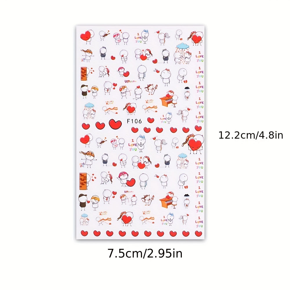 6 Sheets Heart Nail Art Stickers Self Adhesive Cartoon Decals