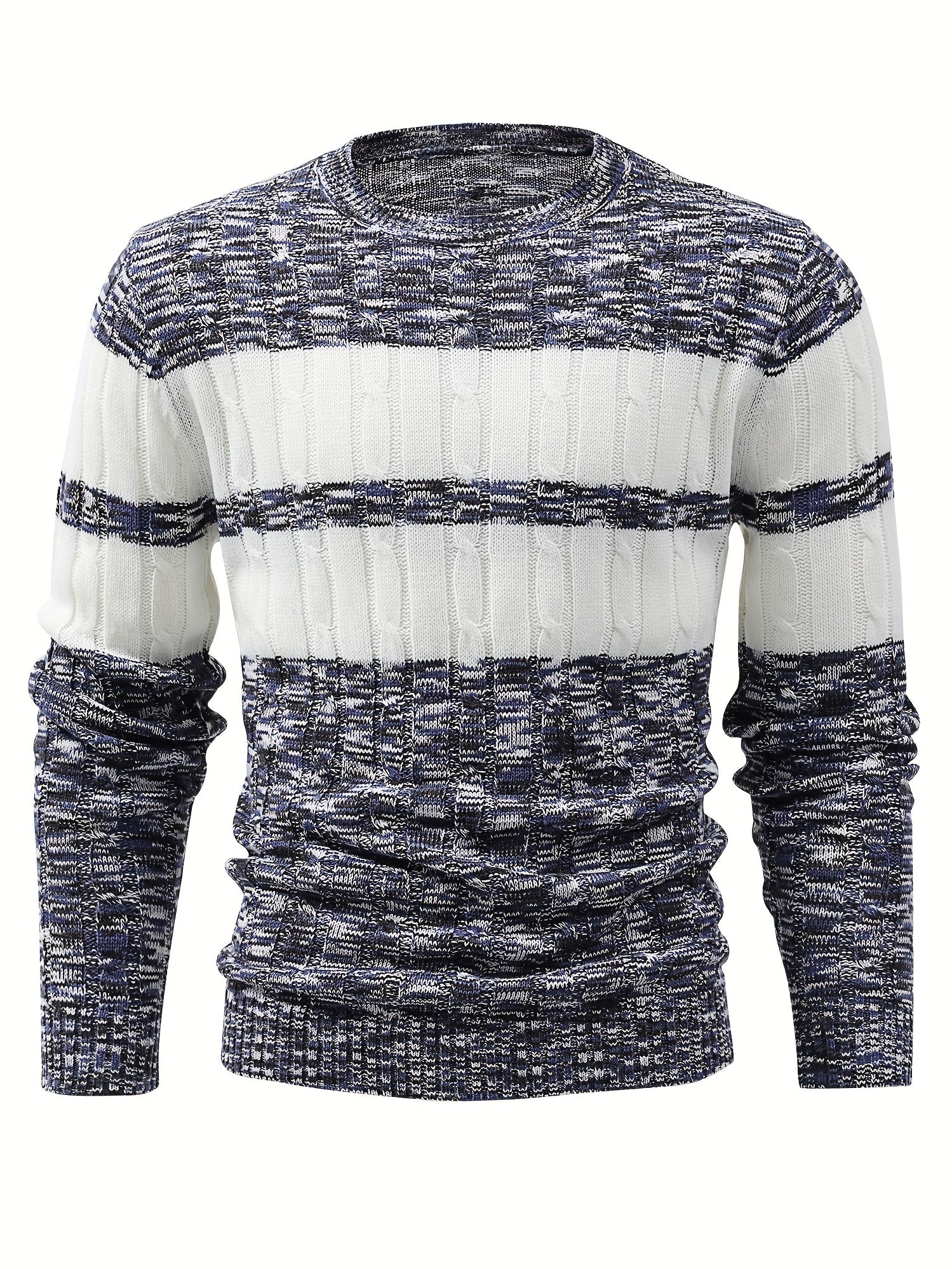 Men's Knitted Block Sweater Round Neck Warm Pullover for Fall Winter