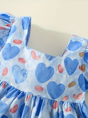 Girl's Heart Print Princess Dress with Puffy Sleeves & Big Bow