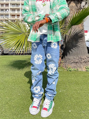 Men's Floral Pattern Loose Fit Jeans Street Style Denim Pants