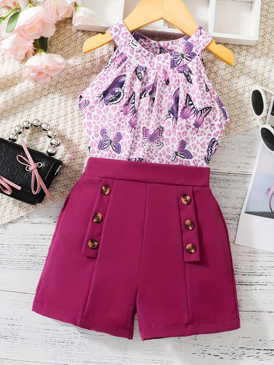 Girls' Leopard Halter Top & Button Shorts Set for Party Beach Vacation