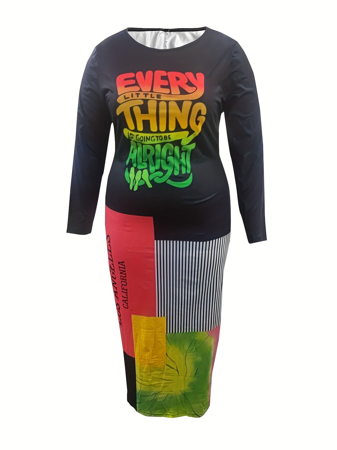  Colorblock Stripe & Letter Print Bodycon Midi Dress