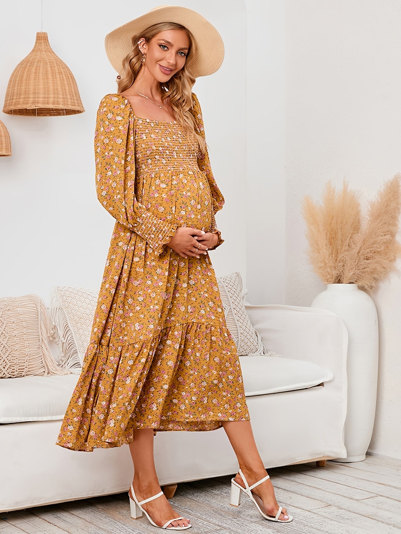 Maternity Floral Maxi Dress Long Sleeve Square Neck
