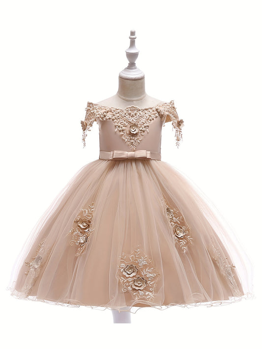 Girls Flower Beaded Embroidered Ball Gown Party Dress