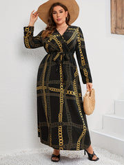  Chian Print Long Sleeve Surplice Neck Stretch Maxi Dress
