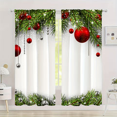 Christmas Red Ball Curtain Pine Leaves Rod Pocket Curtains