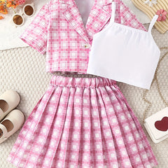 Girls Plaid Print Button Blouse & Pleated Skirt 2 Piece Set